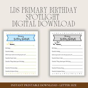 Puede incluir: Descarga digital con dos hojas imprimibles "Primary Birthday Spotlight". Cada hoja tiene secciones para completar con detalles de cumpleaños, aficiones y cosas favoritas. La pancarta superior dice "Primary Birthday Spotlight".