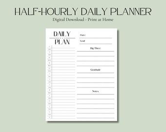 Half Hourly Daily Planner, Digital Download Daily Planner