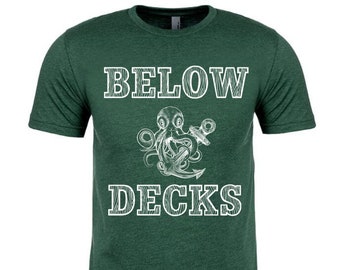 Below Decks T-shirt with white octopus logo.