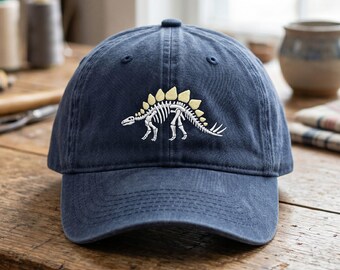 Embroidered Wash Dad Cap, Stegosaurus Skeleton Hat, Plate Back Dinosaur Fossil, Jurrasic Herbivore Cap, Paleontologist Gift, Dino Bones