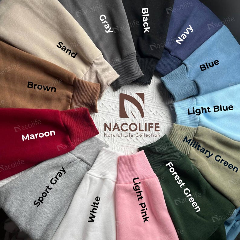 May include: A collection of crewneck sweatshirts in various colors, including sand, gray, black, navy, blue, light blue, military green, forest green, light pink, white, sport gray, maroon, and brown. The brand name "NACOLIFE" is visible.
