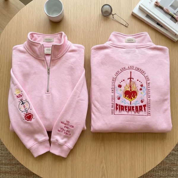 Fireheart Embroidered Quarter Zip Sweatshirt, Throne of Glass Shirt, Heir of Fire Empire of Storms Sweater, SJM Fantasy Reader Gift
