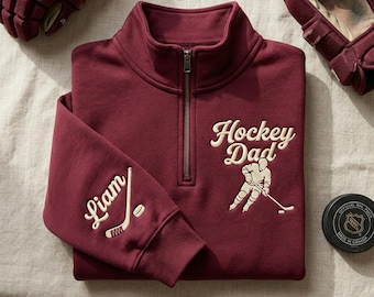 Personalized Hockey Dad Embroidery Quarter Zip, Custom Hockey Stick Pullover, Hockey Dad Gift with Name, Embroidered Ice Hockey Sweatshirt