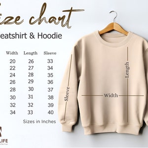 May include: Size chart for sweatshirts and hoodies with measurements in inches for width, length, and sleeve length. Sizes range from S to 5XL.