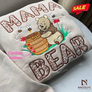Custom Mama Bear Embroidered Sweatshirt with Kid Names, Personalized Birth Month Flowers, Mothers Day Gift, Birthday Gift for Mom