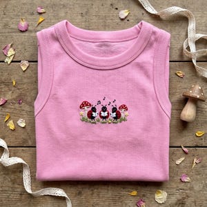 Embroidered Tank Top, Ladybug Spaghetti Strap Shirt, Cute Bug Aesthetic Tee, Mushroom Cottagecore Top, Nature Lover Gift, Summer Crop Top