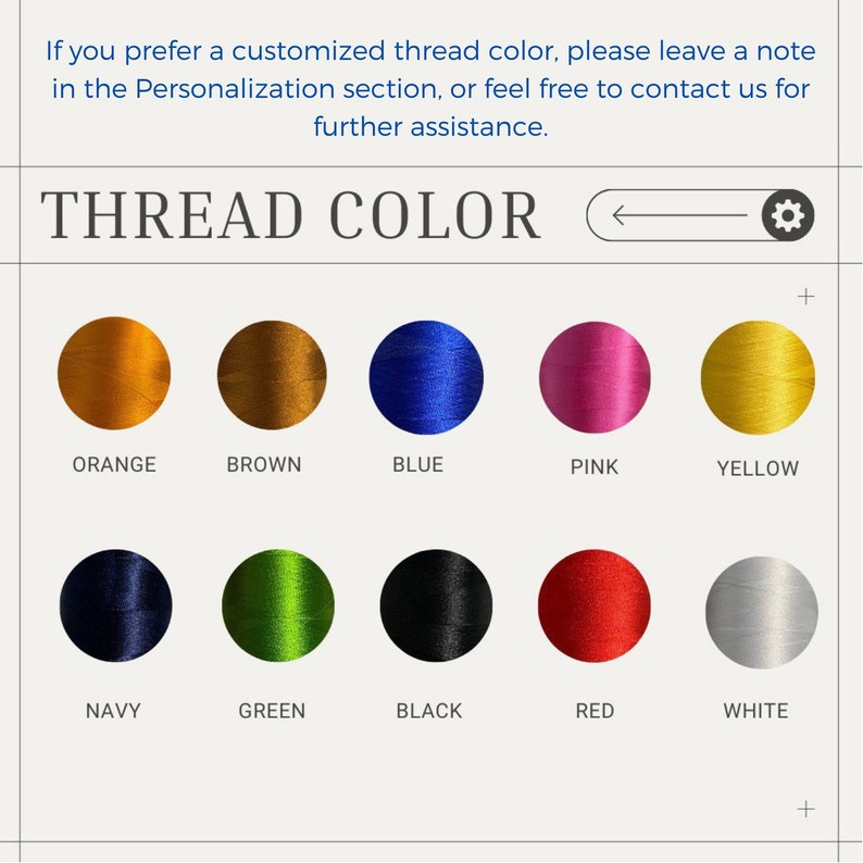 May include: A chart showing 10 different thread colors for embroidery. The colors are: orange, brown, blue, pink, yellow, navy, green, black, red, and white.
