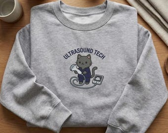 Sudadera bordada con gato técnico de ultrasonido, sudadera con capucha para ecografista, lindo regalo de gato para ecografista, sudadera de cuello redondo para ecografista médico de diagnóstico