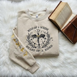 Mind of a Scribe Heart of a Rider Embroidered Sweatshirt, Fourth Wing Hoodie, Basgiath War College Crewneck, Iron Flame Onyx Storm Fan Gift