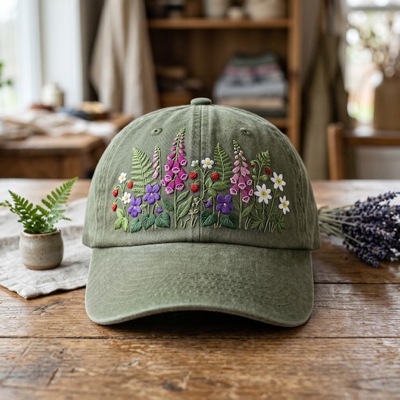Botanical Floral Embroidery Wash Dad Cap, Cottagecore Wildflower Hat, Spring Garden Baseball Cap, Nature Lover Gift