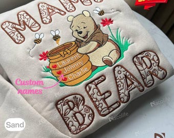 Custom Mama Bear Embroidered Sweatshirt with Kid Names, Personalized Birth Month Flowers, Mothers Day Gift, Birthday Gift for Mom