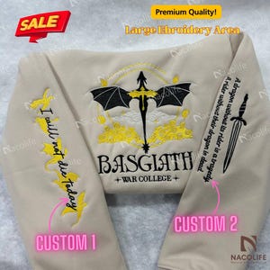 Fourth Wing Embroidered Sweatshirt, Custom Basgiath War College Embroidered Hoodie,  Xaden Riorson, Violet Sorrengail, Fantasy Reader