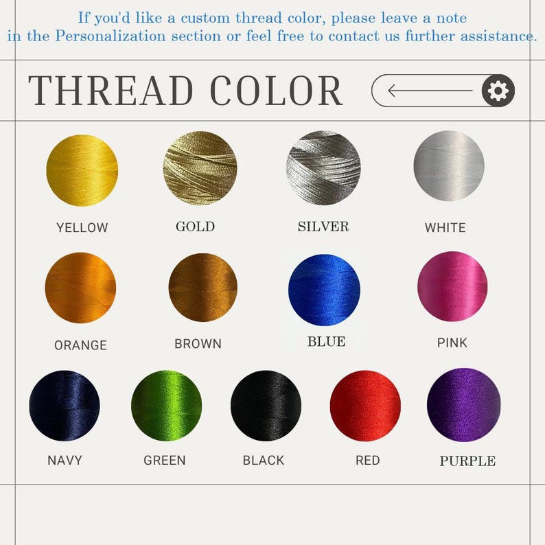 May include: A color chart displaying thread colors, including yellow, gold, silver, white, orange, brown, blue, pink, navy, green, black, red, and purple. The text "THREAD COLOR" is at the top.