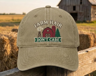 Gorra lavada bordada "Don't Care Farm Hair", regalo de agradecimiento para granjeros, gorra de granero rojo y silo, ropa de vida campestre, gorra de vida ranchera