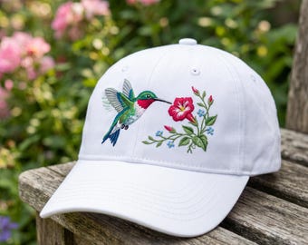 Embroidered Hummingbird Dad Cap, Flower and Bird Hat, Garden Aesthetic Accessory, Bird Watcher Gift, Hummingbird Embroidery Headwear