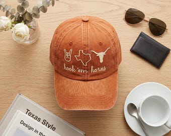 Hook ’Em Embroidered Wash Dad Cap, Vintage Longhorn Inspired Baseball Hat, College Football Fan Gift Cap