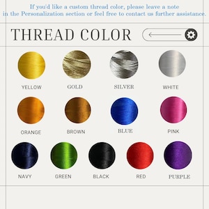 May include: A color chart displaying thread colors, including yellow, gold, silver, white, orange, brown, blue, pink, navy, green, black, red, and purple. The text "THREAD COLOR" is at the top.