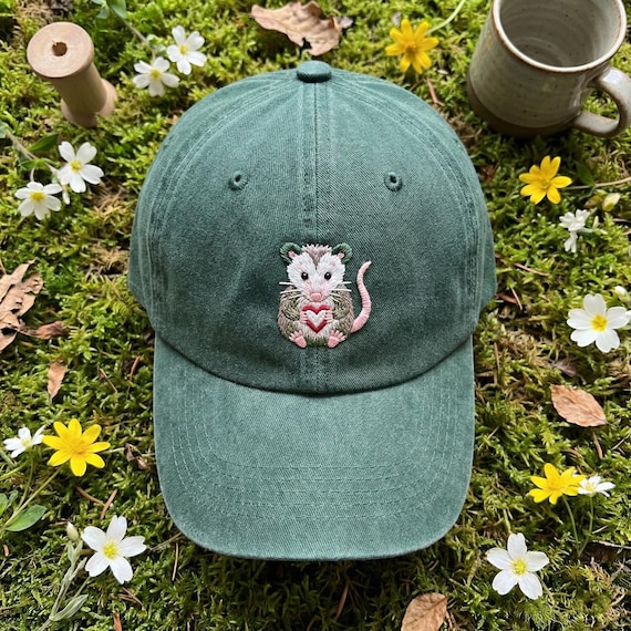 Opossum Heart Embroidered Wash Dad Cap, Love Possum Hat, Cute Animal Lover Gift, Forest Core Aesthetic, Sage Green Distressed Baseball Cap
