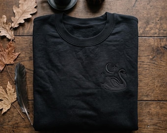 Embroidered Swan Sweatshirt, Celestial Bird Hoodie, Mystic Moon Swan Shirt, Elegant Animal Apparel, Gothic Romance Gift