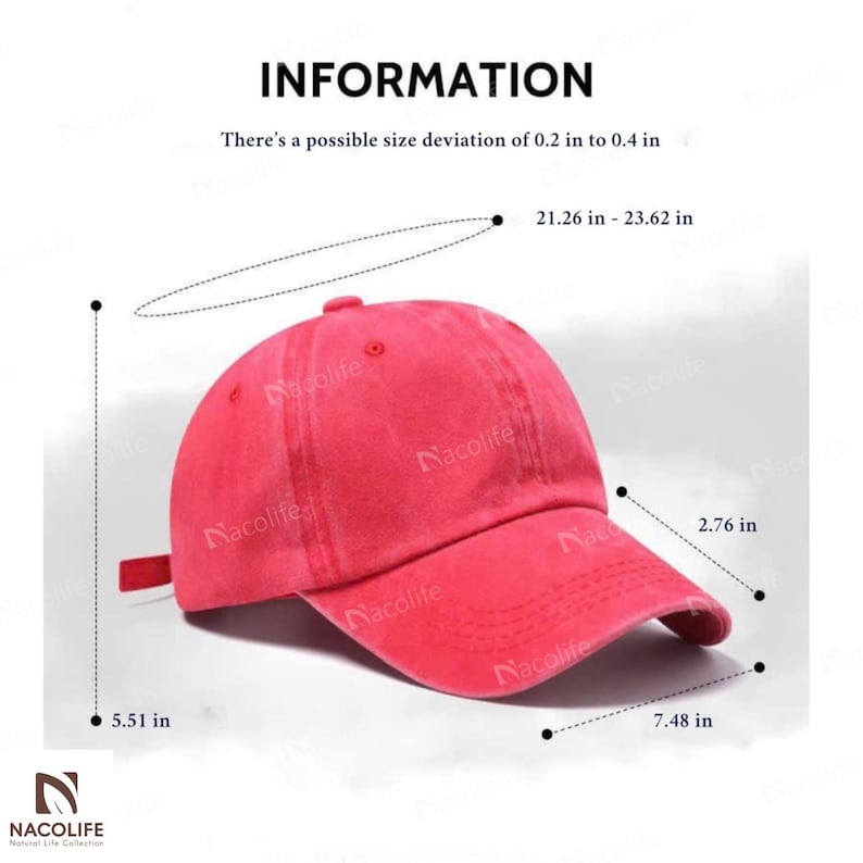 May include: A red baseball cap with a curved brim. The cap measures 5.51 inches in height, 7.48 inches in length, and the brim is 2.76 inches. The circumference is between 21.26 and 23.62 inches. The text "INFORMATION" is at the top.