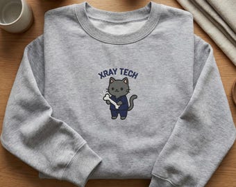 X-Ray Tech Cat Embroidered Sweatshirt, Radiology Technician Hoodie, Cute Gray Cat X-Ray Gift, Rad Tech Student Crewneck