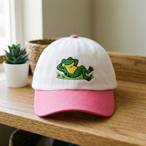 Embroidered Relaxing Frog Hat, Chilling Froggy Two-Tone Cap, Lazy Summer Frog Baseball Hat, Cute Zen Frog Embroidery, Gift for Slacker