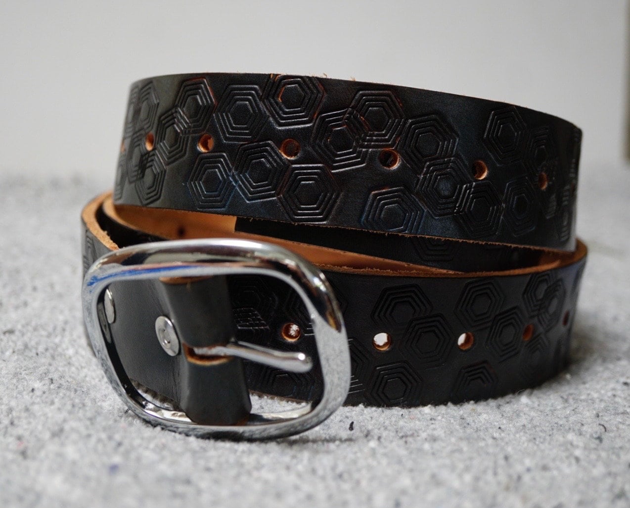 Handmade Black Leather Belt with Copper Geometric Pattern Leather Belt Aztec Pattern / Men main image 4
