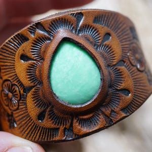 Green VARISITE, Leather Cuff Bracelet, Hand Stamped Leather