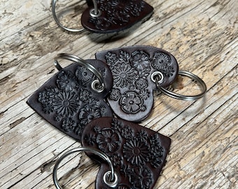 Wildflower Heart, Leather Key Fob, Leather Keychain, 1 inch key ring, Dark Brown