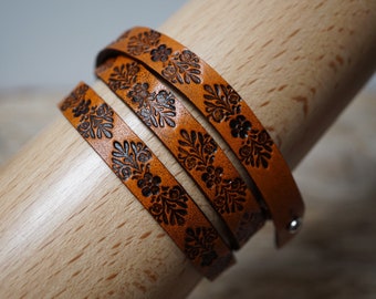 Stamped Leather Wrap Bracelet: Orange Brown Boho Floral