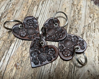 Wildflower Heart, Leather Key Fob, Leather Keychain, 1 inch key ring, Brown