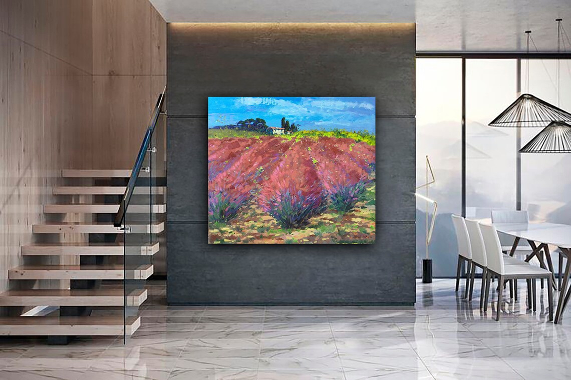 Square interior painting with small flower field on canvas Etsy