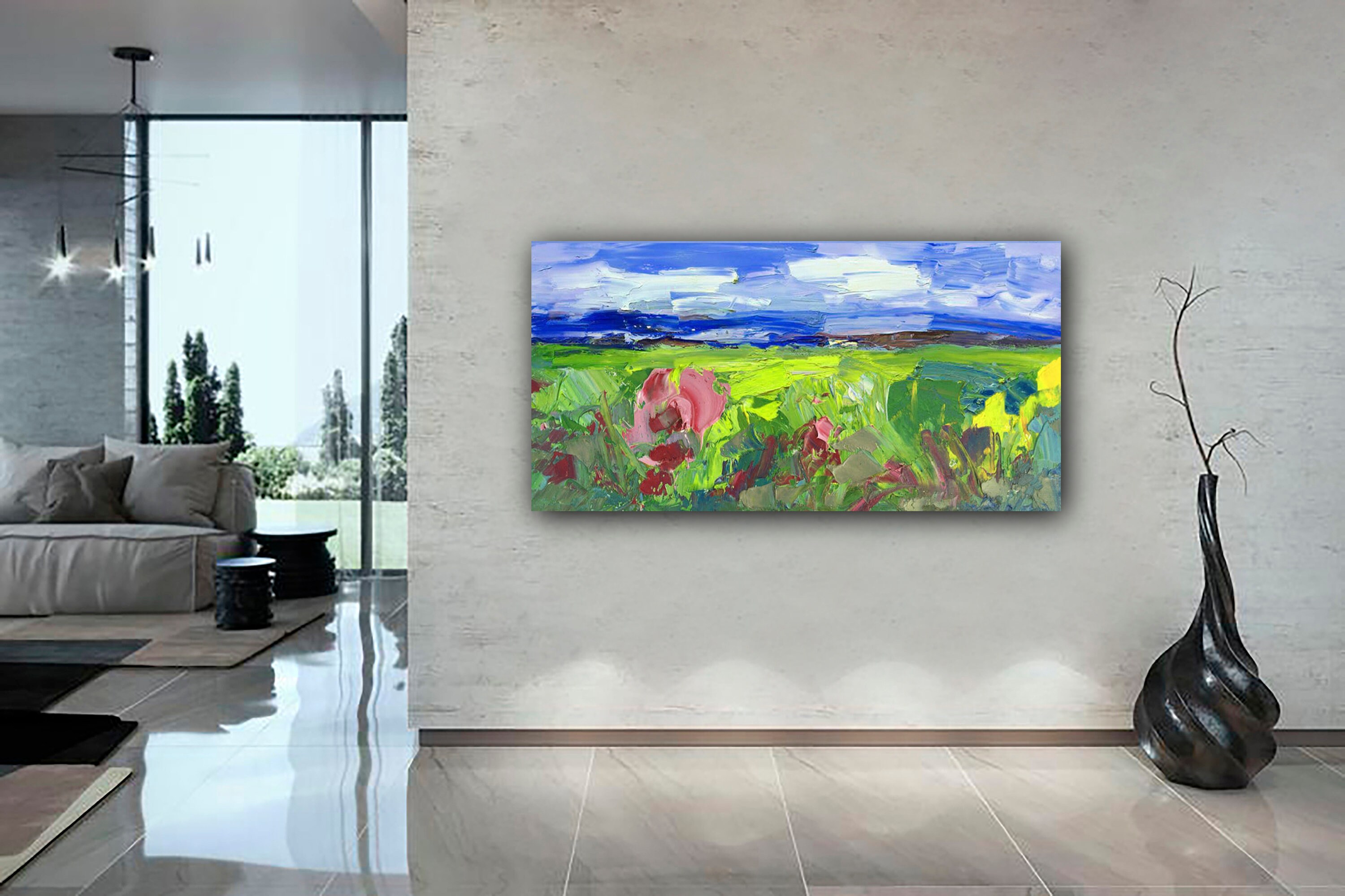 Rectangular modern painting with a flower field on khosla Etsy