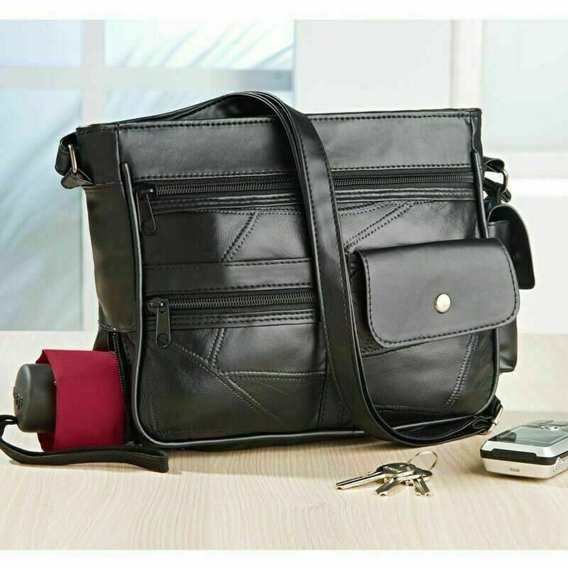 Soft Leather Women Handbag Umbrella Pocket Lightweight Office Etsy