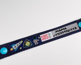 SOS Armband ElternFINDER Rakete / Kinderarmband Telefonnummer / Astronaut / ID Notfallarmband / Blau / Dunkelblau / wasserfest / mitwachsend