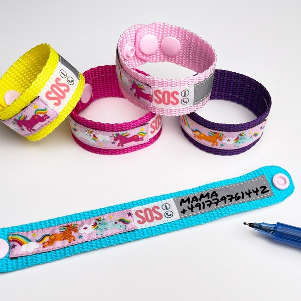 SOS Armband ElternFINDER EINHÖRNER Rosa / ID Kinderarmband Einhorn / Notfallarmband / Gelb / Türkis / Pink / wasserfest / größenverstellbar