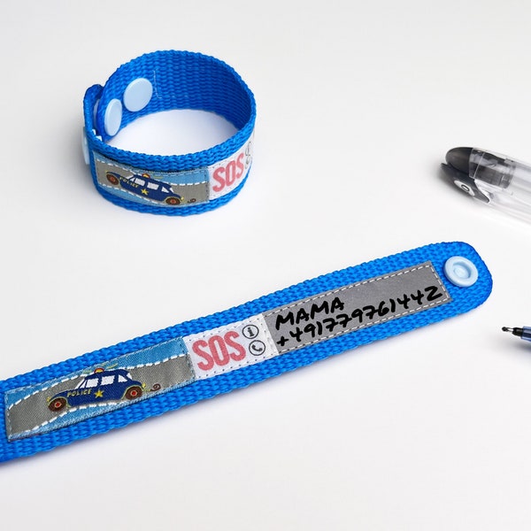 SOS Armband ElternFINDER Polizeiauto / ID Kinderarmband für Telefonnummer / Notfallarmband blau / wasserfest / mitwachsend /