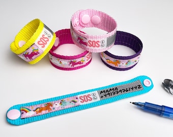 SOS Armband ElternFINDER EINHÖRNER Rosa / ID Kinderarmband Einhorn / Notfallarmband / Gelb / Türkis / Pink / wasserfest / größenverstellbar