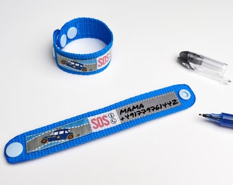SOS Armband ElternFINDER Polizeiauto / ID Kinderarmband für Telefonnummer / Notfallarmband blau / wasserfest / mitwachsend /