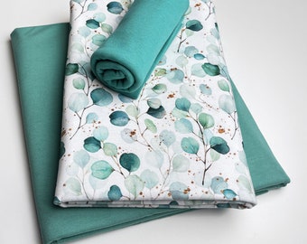 Set di tessuti jersey con foglie di eucalipto, 3 pezzi / Foglie in jersey di cotone + jersey di cotone tinta unita + coste tinta unita / Menta / Bianco / Verde / Oeko-Tex
