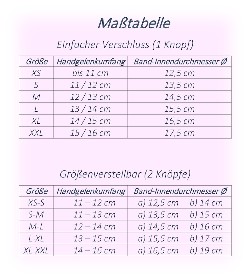 Puede incluir: Una tabla de tallas para pulseras con dos opciones de cierre diferentes: bot&oacute;n simple y doble bot&oacute;n. La tabla muestra la circunferencia de la mu&ntilde;eca y las medidas correspondientes del di&aacute;metro interior de la pulsera en cent&iacute;metros.