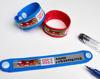 SOS Armband ElternFINDER Feuerwehrauto / ID Kinderarmband / Notfallarmband verschiedene Größen und Farben / wasserfest / größenverstellbar