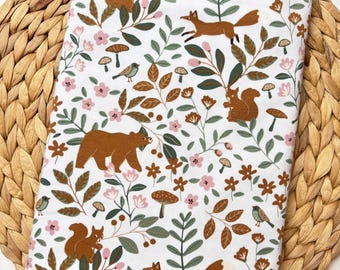 Jersey WOODLAND / White / Brown / Dusty Rose / Green / Floral Cotton Jersey / Woodland Animals / Fox / Bear / Squirrel / Oeko-Tex /