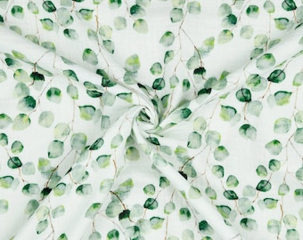 Mousseline de coton biologique eucalyptus / blanc / vert / double gaze Collection numérique / tissu mousseline / mousseline / 100 % coton GOTS Oeko-Tex
