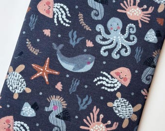Jersey ANIMALI OCEANICI / Blu / Tartaruga / Medusa / Balena / Cavalluccio Marino / Animali Sottomarini / Jersey di cotone / sotto il mare / Oeko-Tex /