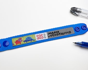 SOS Armband ElternFINDER DINOS / ID Kinderarmband / Grün / Blau / Notfallarmband für Kinder / wasserfest / mitwachsend
