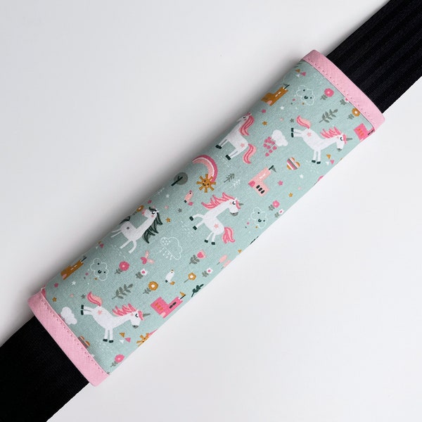 Seat belt pads HAPPY HORSES for children / car seat belt pads / unicorns / rainbow / triangles / mint / pink / Ökotex