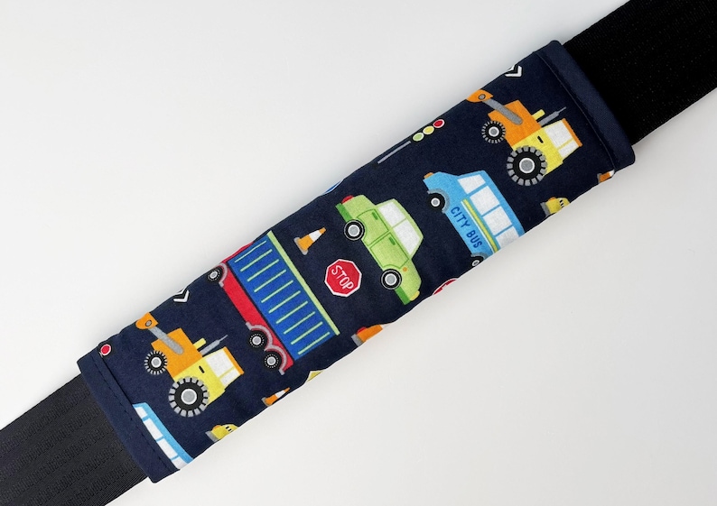 Children's seat belt pads (excavator design) / Seat belt pads / Car seat belt protectors / Oeko-Tex certified / Blue / Yellow / Green image 1