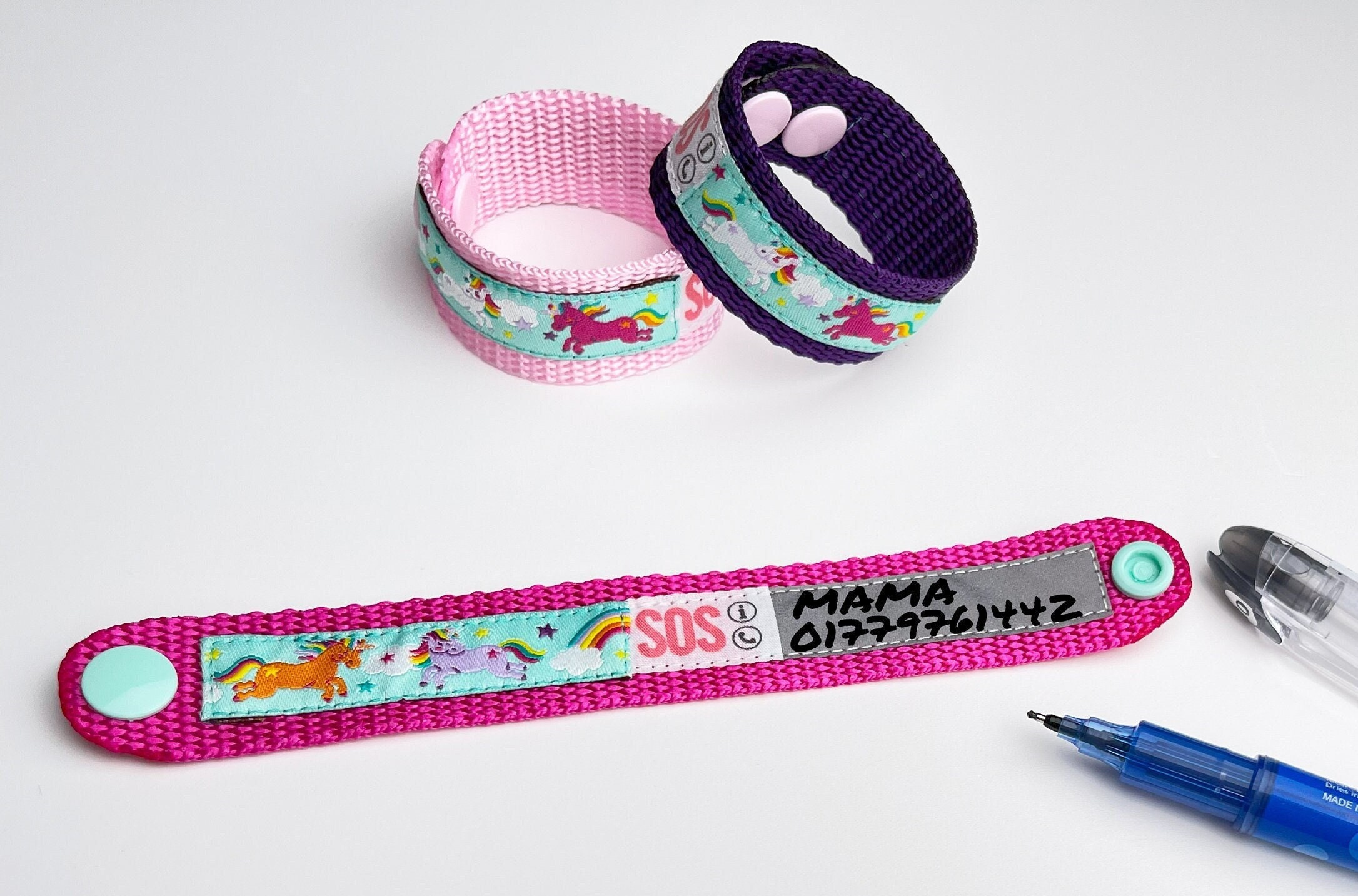 SOS Armband ElternFINDER EINHÖRNER Mint / ID Kinderarmband Einhorn / Notfallarmband / Rosa / Lila / Pink / wasserfest / größenverstellbar