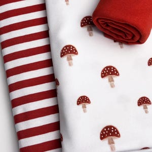 BIO Jersey Stoffpaket FLIEGENPILZE 3-teilig / 170 cm / Baumwolljersey Fliegenpilz + Baumwolljersey gestreift + Bündchen / Weiß / Rot / GOTS